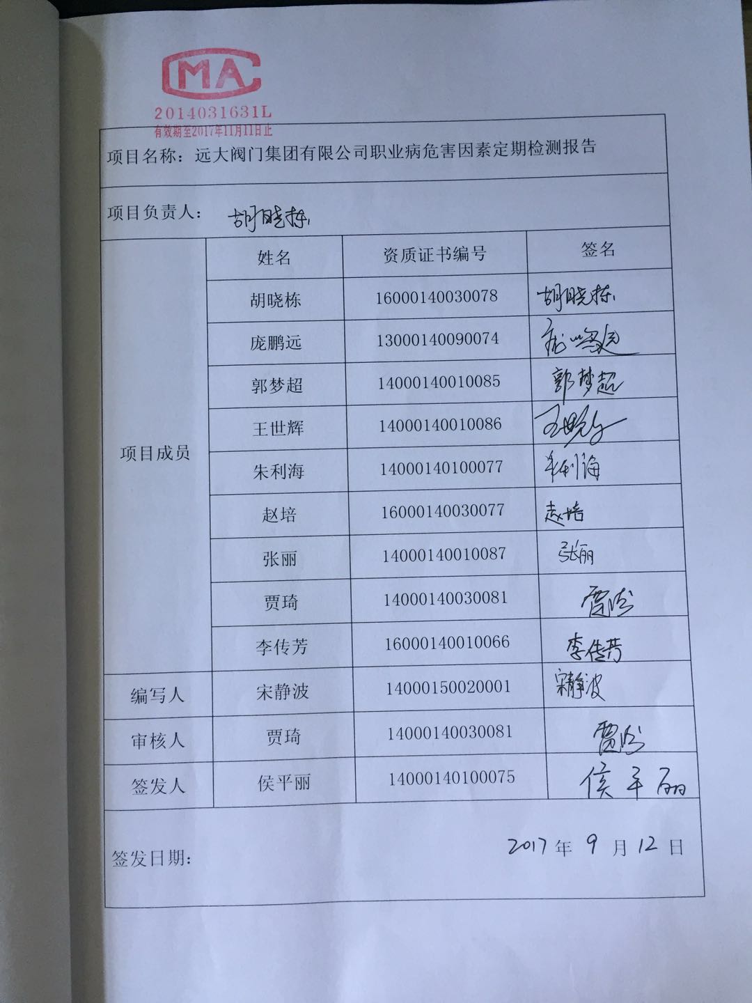 2017年度職業病危害因素檢測報告